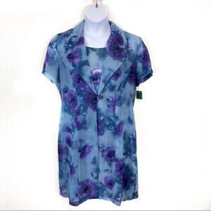 Lisa Jo Duster Dress Set Size 13 14 Womens Blue Purple Rose Collared Retro 90s